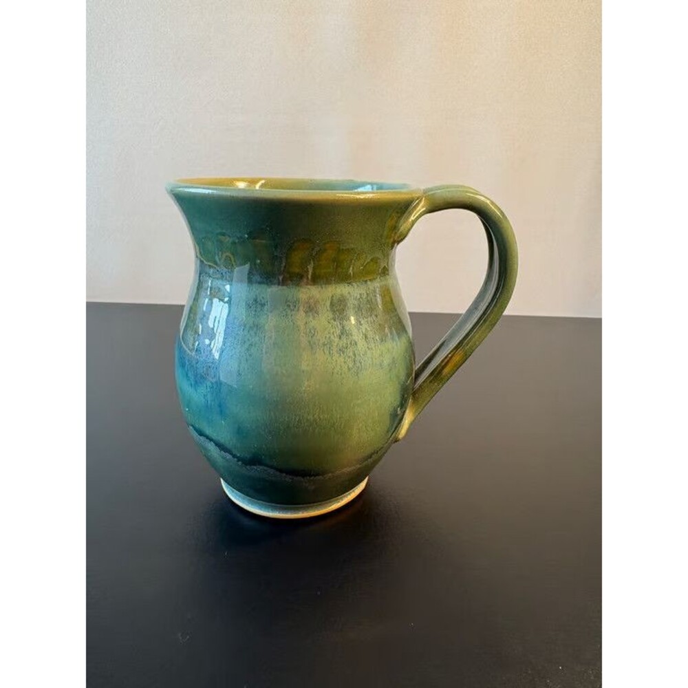 Large Studio Pottery Mug Green Blue Drip Glaze Hand Thrown Pulled Handle